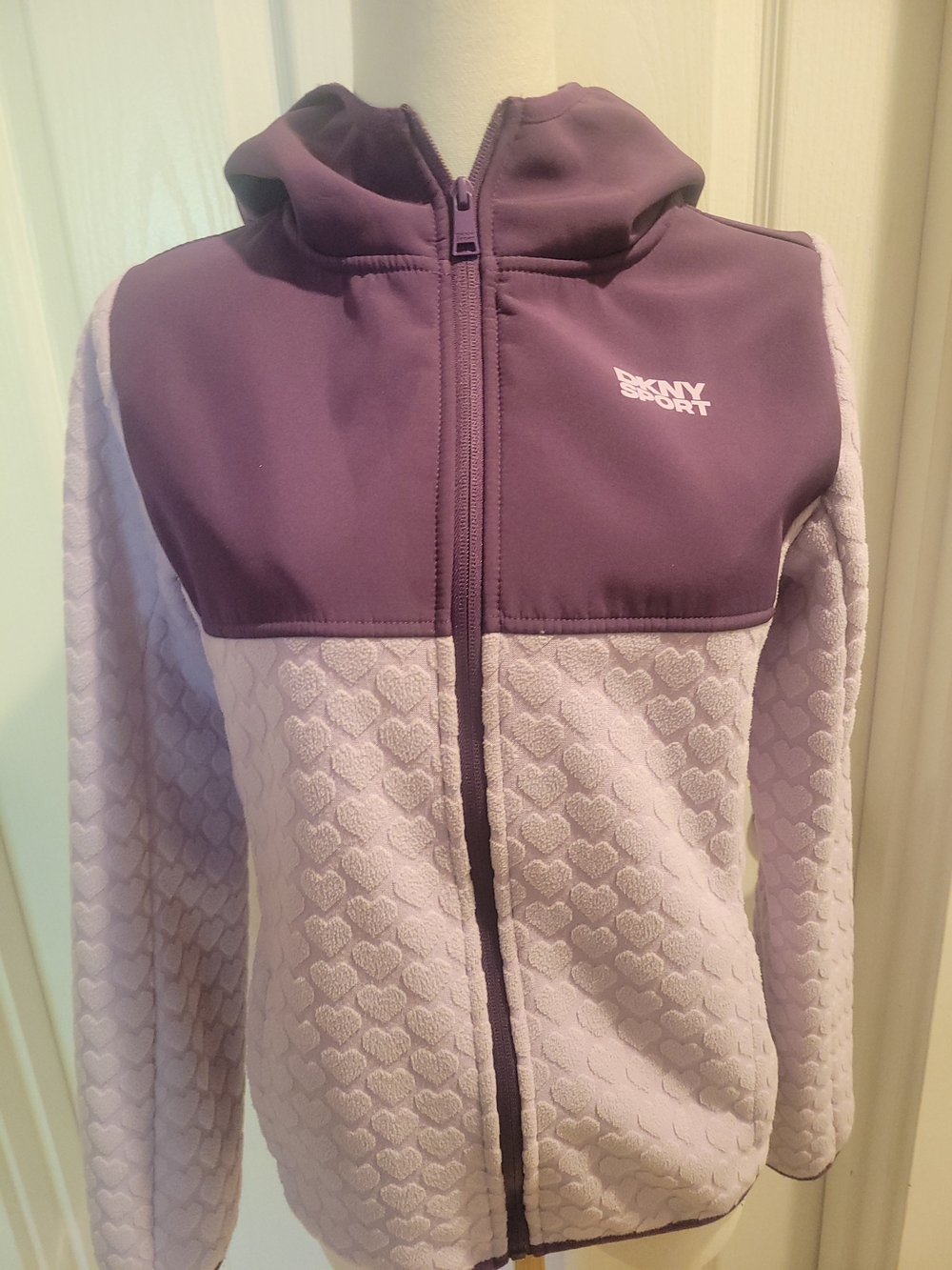 DKNY Two-Tone Purple Heart-Pattern Hooded Puffer